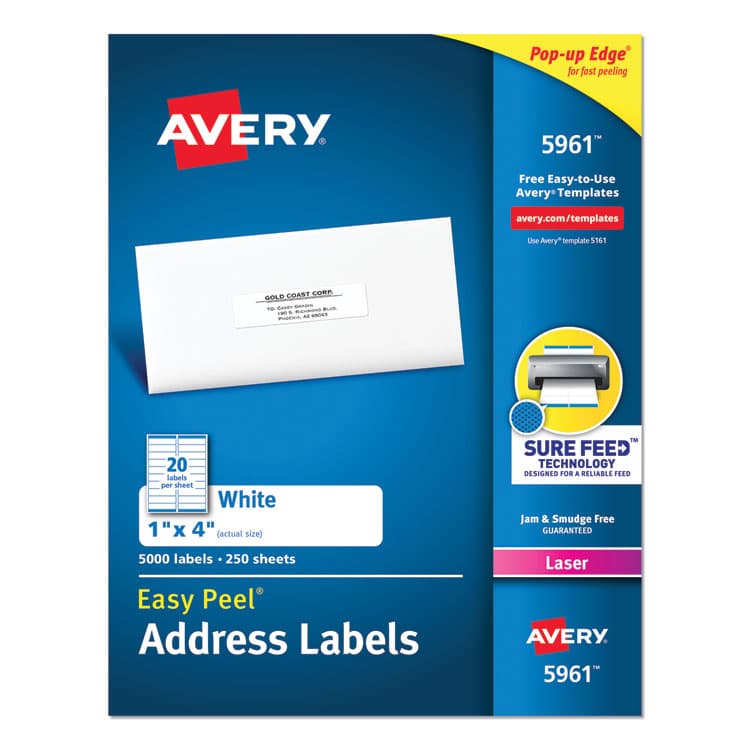 AVERY PRODUCTS CORPORATION Easy Peel White Address Labels w/ Sure Feed Technology, Laser Printers, 1 x 4, White, 20/Sheet, 250 Sheets/Box (AVE5961)