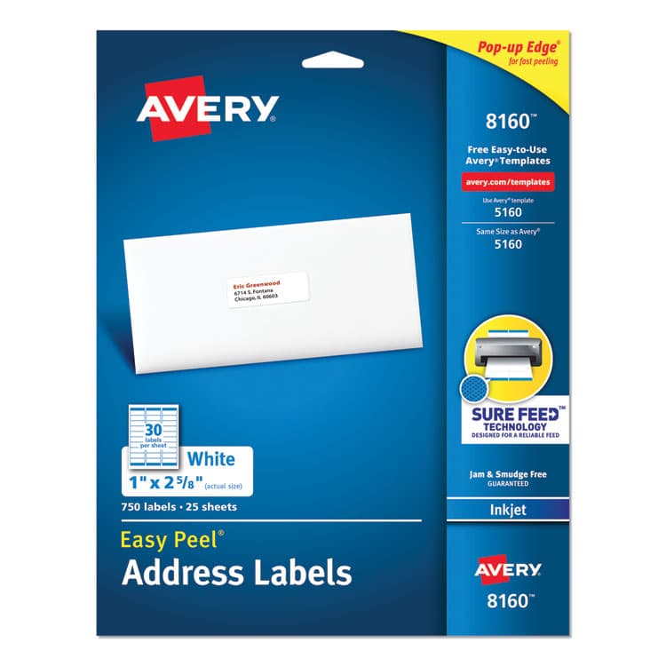 AVERY PRODUCTS CORPORATION Easy Peel White Address Labels w/ Sure Feed Technology, Inkjet Printers, 1 x 2.63, White, 30/Sheet, 25 Sheets/Pack (AVE8160)