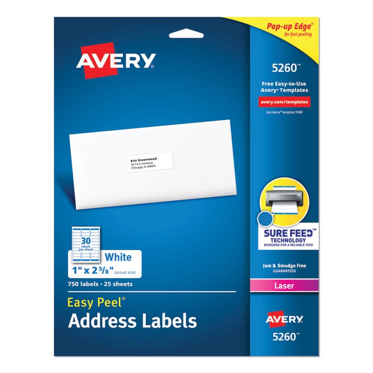 AVERY PRODUCTS CORPORATION Easy Peel White Address Labels w/ Sure Feed Technology, Laser Printers, 1 x 2.63, White, 30/Sheet, 25 Sheets/Pack (AVE5260)