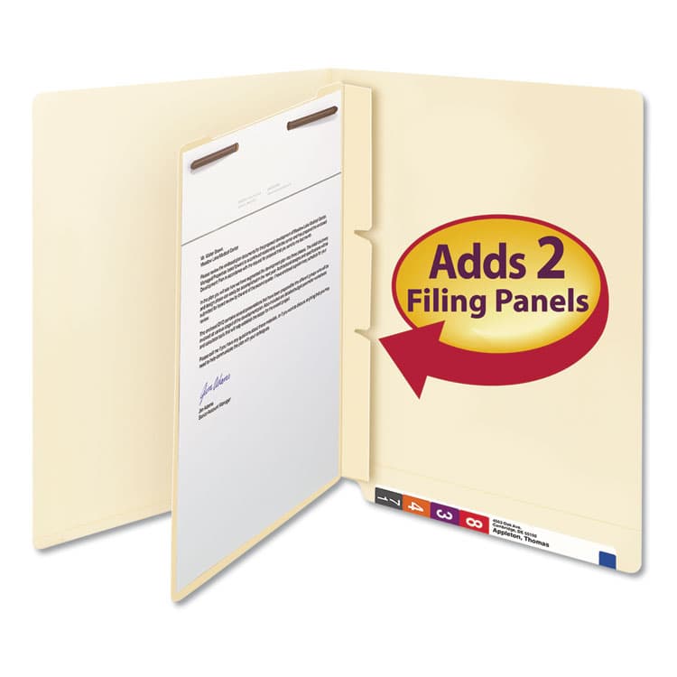 SMEAD MANUFACTURING CO. Self-Adhesive Folder Dividers for Top/End Tab Folders, 2 Fasteners, Letter Size, Manila, 100/Box (SMD68027) thumbnail 4
