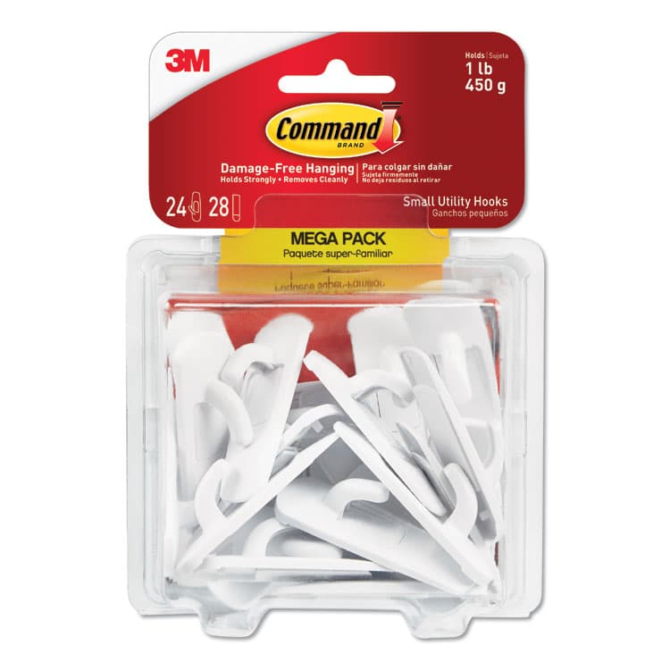 3M/COMMERCIAL TAPE DIV. Small Utility Hooks, Plastic, White, Supports 1 lb, 24/Pack (MMM17002MPES)
