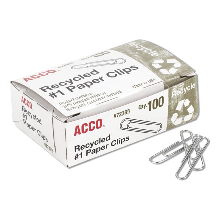 ACCO BRANDS, . Recycled Paper Clips, #1, Smooth, Silver, 100 Clips/Box, 10 Boxes/Pack (ACC72365)