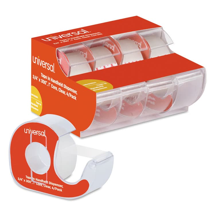 UNIVERSAL OFFICE PRODUCTS Invisible Tape with Handheld Dispenser, 1" Core, 0.75" x 25 ft, Clear, 4/Pack (UNV83504)
