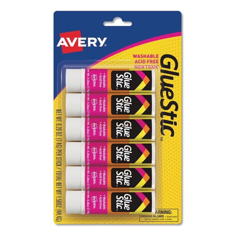 AVERY PRODUCTS CORPORATION Permanent Glue Stic Value Pack, 0.26 oz, Applies White, Dries Clear, 6/Pack (AVE98095)