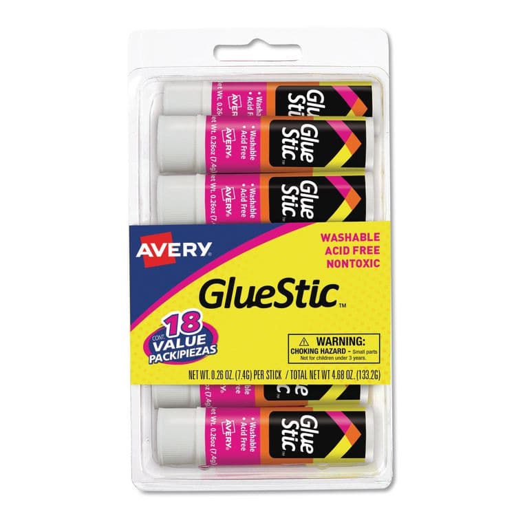 AVERY PRODUCTS CORPORATION Permanent Glue Stic Value Pack, 0.26 oz, Applies White, Dries Clear, 18/Pack (AVE98089)