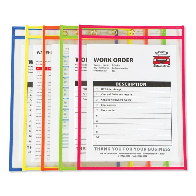 C-LINE PRODUCTS, Neon Stitched Shop Ticket Holders, Super Heavy-Duty, Top Load 9 x 12 Insert, Clear Front, Assorted Neon Border Colors, 10/Box (CLI43920) thumbnail 2