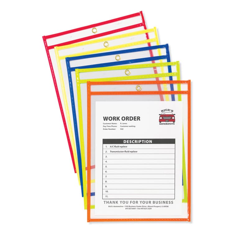 C-LINE PRODUCTS, Neon Stitched Shop Ticket Holders, Super Heavy-Duty, Top Load 9 x 12 Insert, Clear Front, Assorted Neon Border Colors, 10/Box (CLI43920)