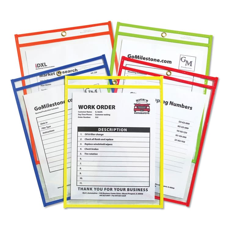 C-LINE PRODUCTS, Neon Stitched Shop Ticket Holders, Super Heavy-Duty, Top Load 9 x 12 Insert, Clear Front, Assorted Neon Border Colors, 25/Box (CLI43910)