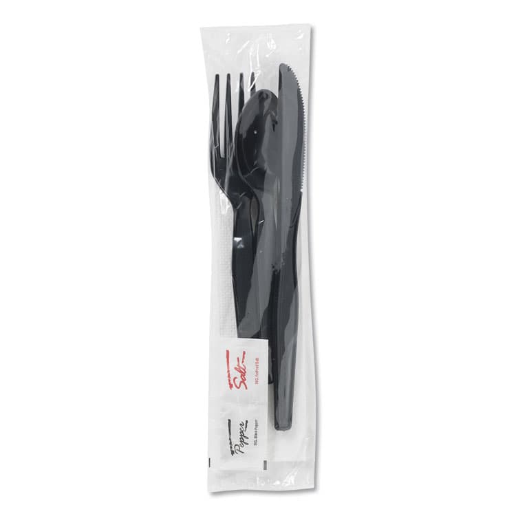 DIXIE FOOD SERVICE Wrapped Tableware/Napkin Packets, Mediumweight, Fork/Knife/Napkin/Spoon, Plastic, Black, 250/Carton (DXECH56NSPC7)
