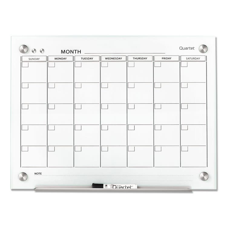 QUARTET MFG. Infinity Magnetic Glass Calendar Board, Monthly Planning/Scheduling, 24" x 18", White Surface (QRTGC2418F)