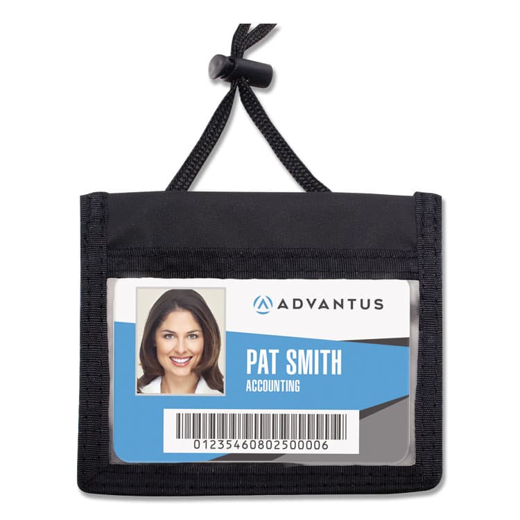 ADVANTUS CORPORATION ID Badge Holders with Convention Neck Pouch, Horizontal, Black/Clear 5" x 4.25" Holder, 2.75" x 4" Insert, 48" Cord, 12/Pack (AVT75452)