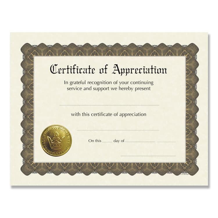 COSCO Ready-to-Use Certificates, Appreciation, 11 x 8.5, Ivory/Brown/Gold Colors with Brown Border, 6/Pack (COS930000)