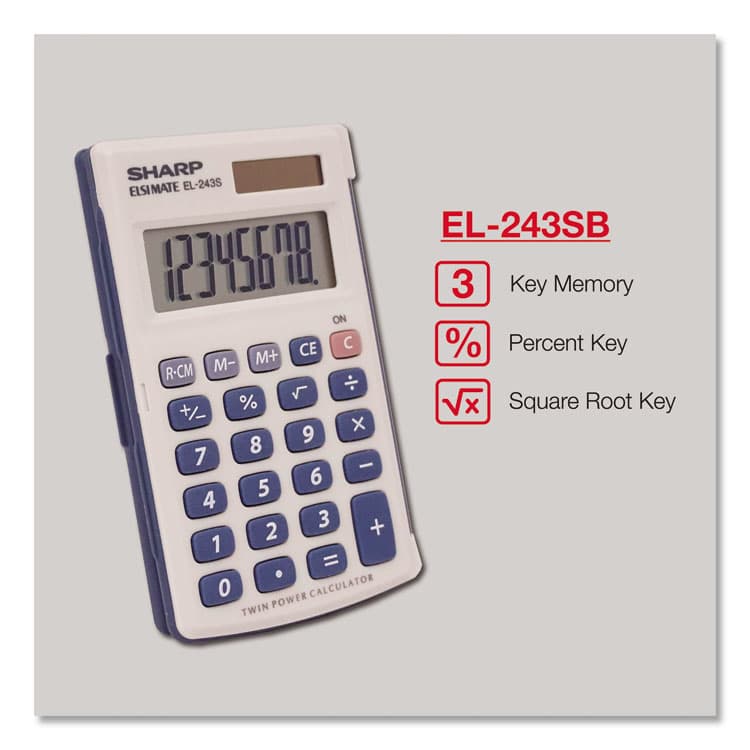 SHARP ELECTRONICS EL-243SB Solar Pocket Calculator, 8-Digit LCD (SHREL243SB) thumbnail 2