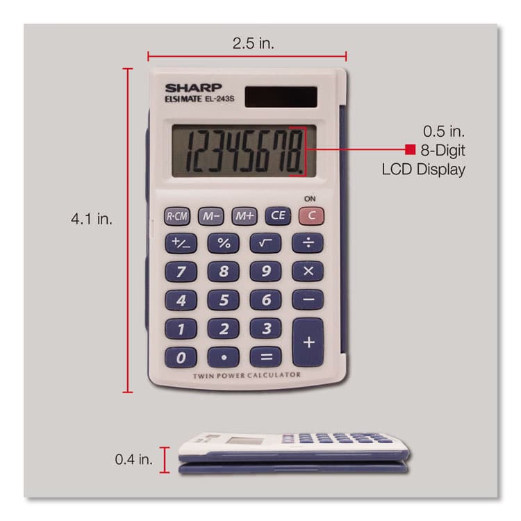 SHARP ELECTRONICS EL-243SB Solar Pocket Calculator, 8-Digit LCD (SHREL243SB) thumbnail 3