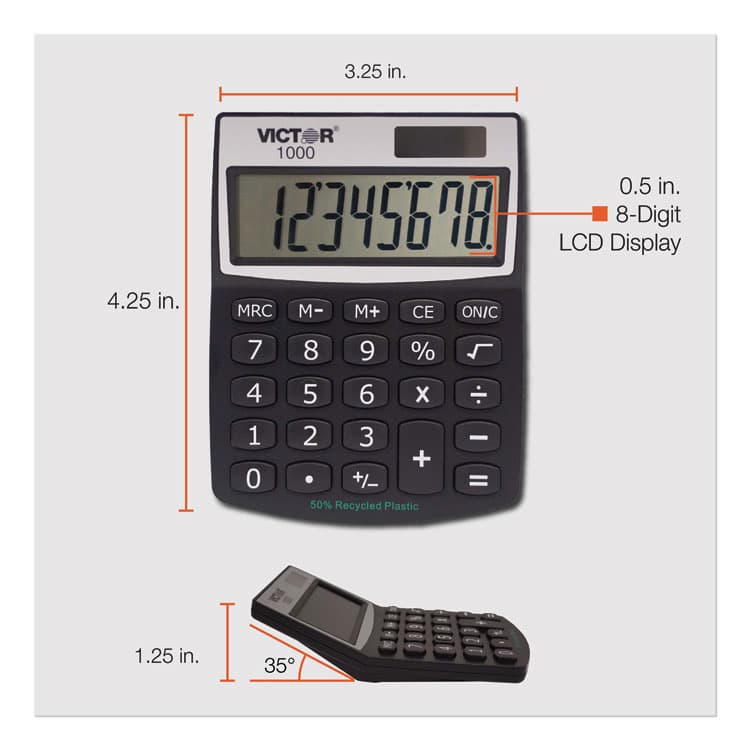 VICTOR TECHNOLOGY LLC 1000 Minidesk Calculator, 8-Digit LCD (VCT1000) thumbnail 3