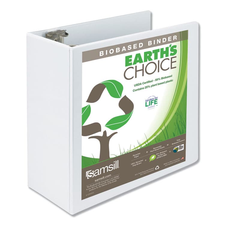 SAMSILL CORPORATION Earth's Choice Plant-Based Round Ring View Binder, 3 Rings, 5" Capacity, 11 x 8.5, White (SAM18907)