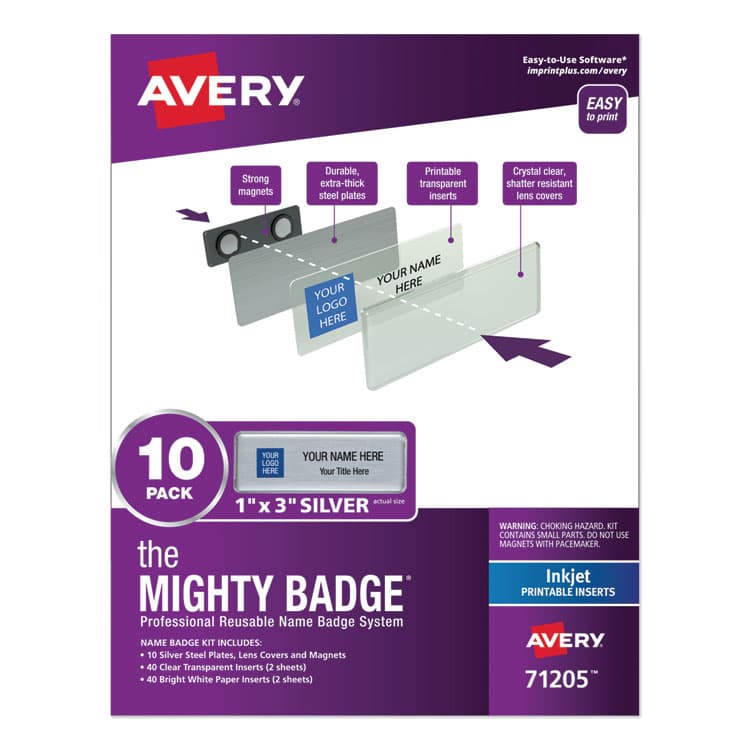 AVERY PRODUCTS CORPORATION The Mighty Badge Name Badge Holder Kit, Horizontal, 3 x 1, Inkjet, Silver, 10 Holders/ 80 Inserts (AVE71205)