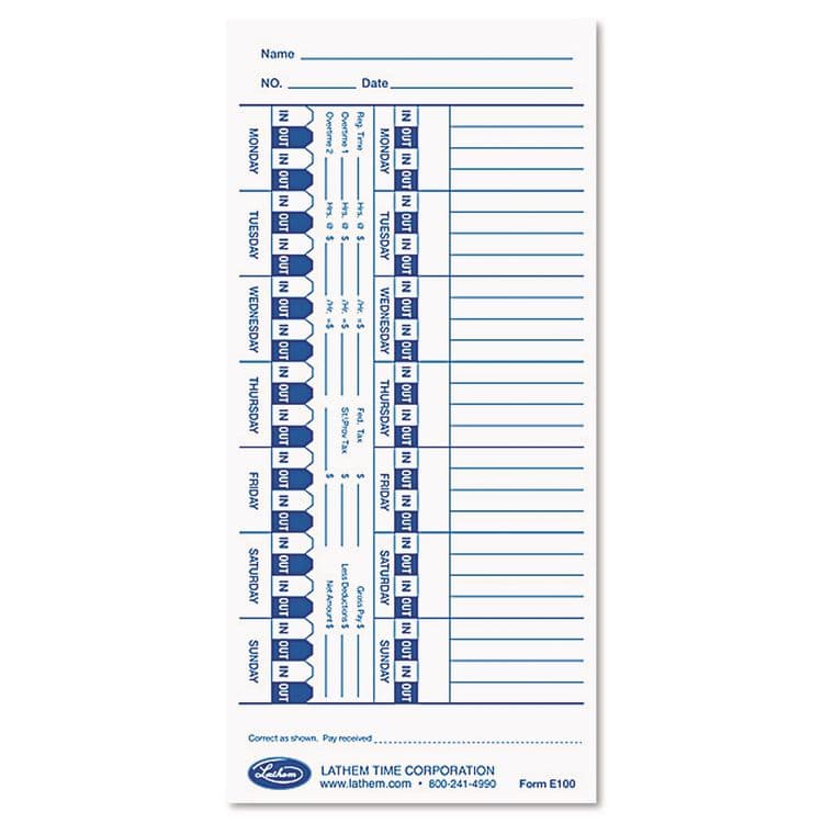 LATHEM TIME CORPORATION Time Clock Cards for Lathem Time E Series, One Side, 4 x 9, 100/Pack (LTHE100)