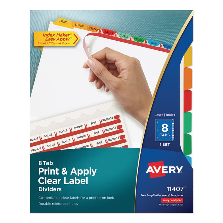 AVERY PRODUCTS CORPORATION Print and Apply Index Maker Clear Label Dividers, 8-Tab, Color Tabs, 11 x 8.5, White, Traditional Color Tabs, 1 Set (AVE11407)