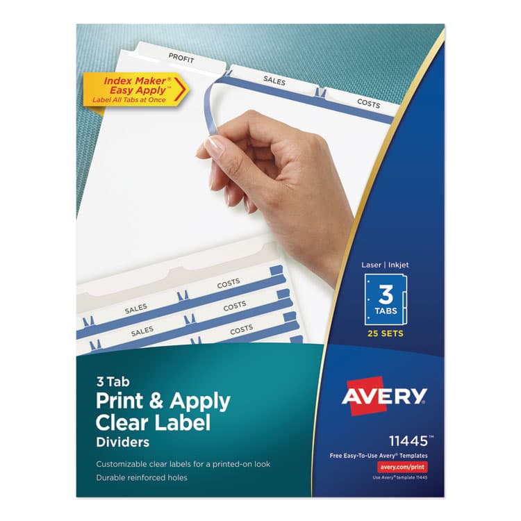 AVERY PRODUCTS CORPORATION Print and Apply Index Maker Clear Label Dividers, 3-Tab, White Tabs, 11 x 8.5, White, 25 Sets (AVE11445)