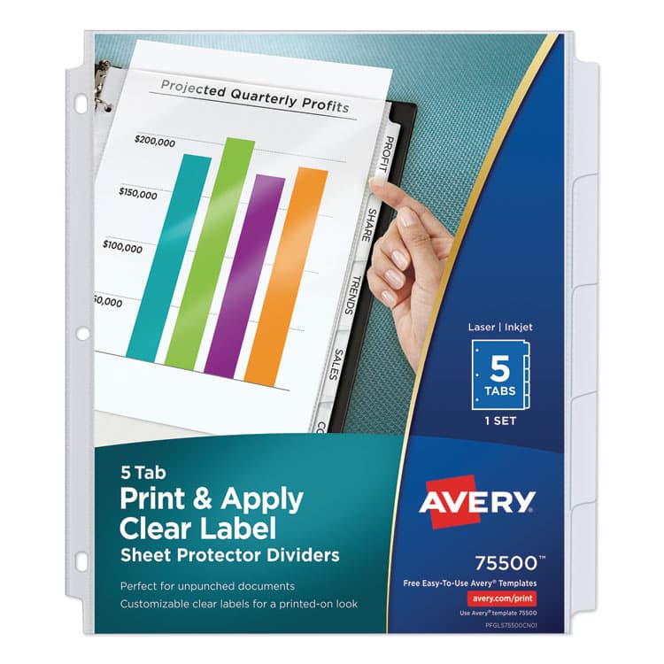 AVERY PRODUCTS CORPORATION Print and Apply Index Maker Clear Label Sheet Protector Dividers with White Tabs, 5-Tab, 11 x 8.5, White, 1 Set (AVE75500)