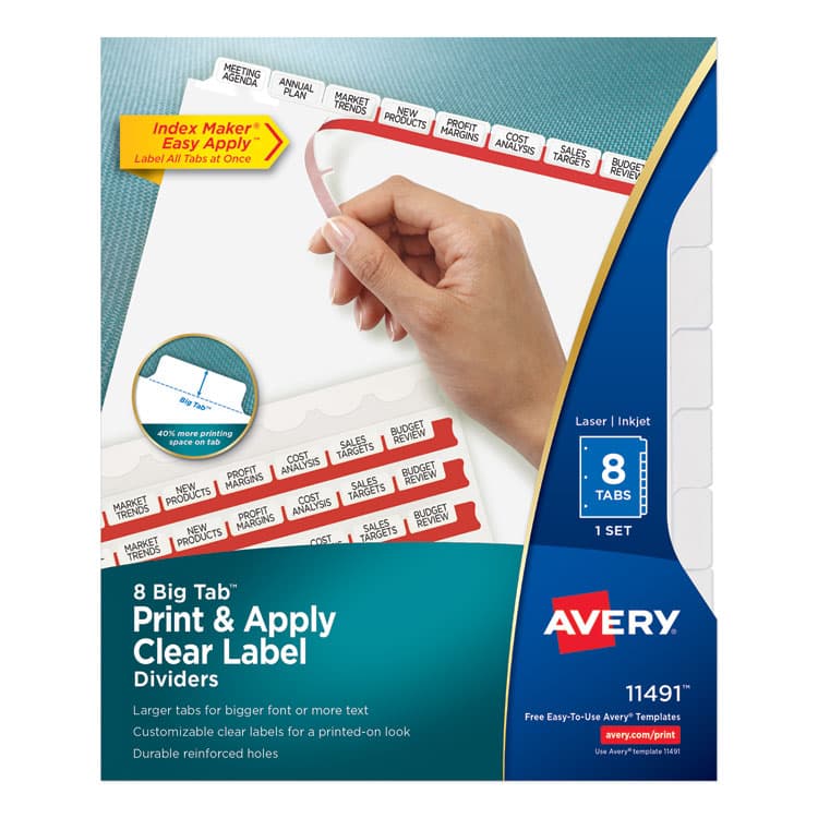 AVERY PRODUCTS CORPORATION Print and Apply Index Maker Clear Label Dividers, Big Tab, 8-Tab, 11 x 8.5, White, 1 Set (AVE11491)