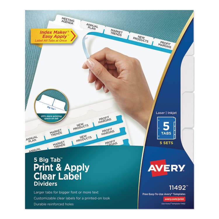 AVERY PRODUCTS CORPORATION Print and Apply Index Maker Clear Label Dividers, Big Tab, 5-Tab, White Tabs, 11 x 8.5, White, 5 Sets (AVE11492)