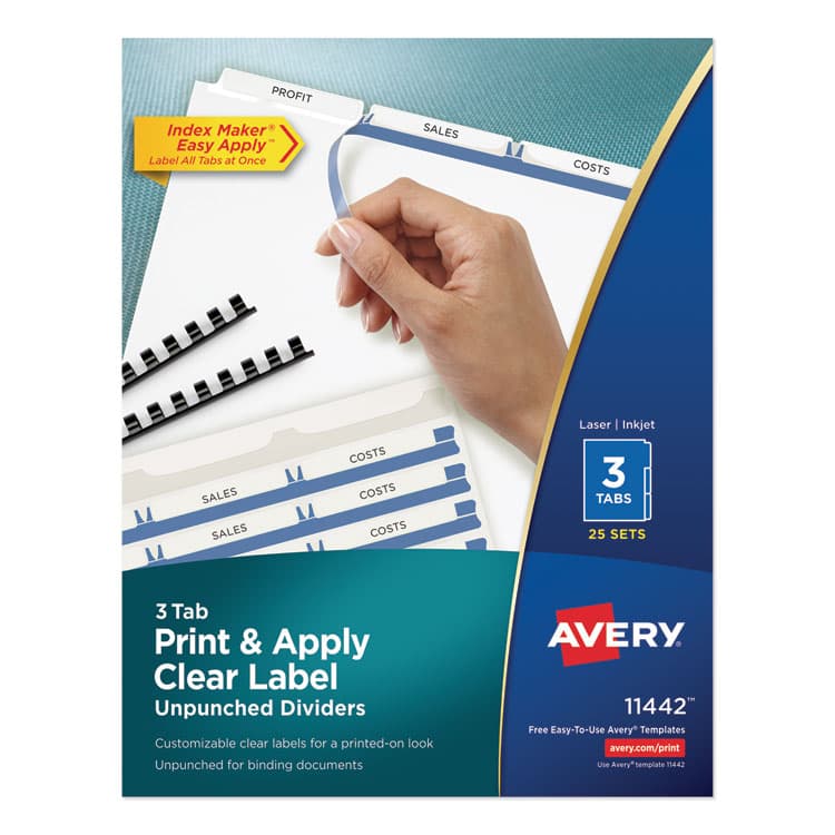AVERY PRODUCTS CORPORATION Print and Apply Index Maker Clear Label Unpunched Dividers, 3-Tab, 11 x 8.5, White, 25 Sets (AVE11442)