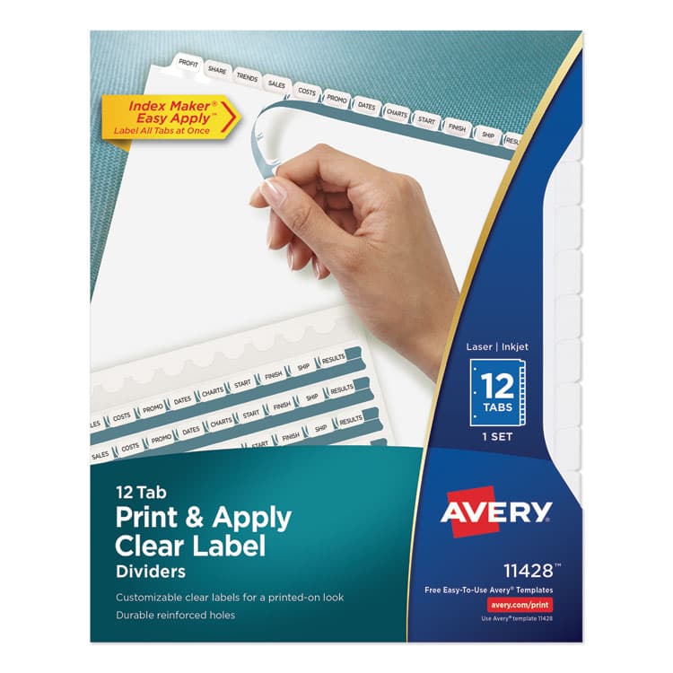 AVERY PRODUCTS CORPORATION Print and Apply Index Maker Clear Label Dividers, 12-Tab, White Tabs, 11 x 8.5, White, 1 Set (AVE11428)