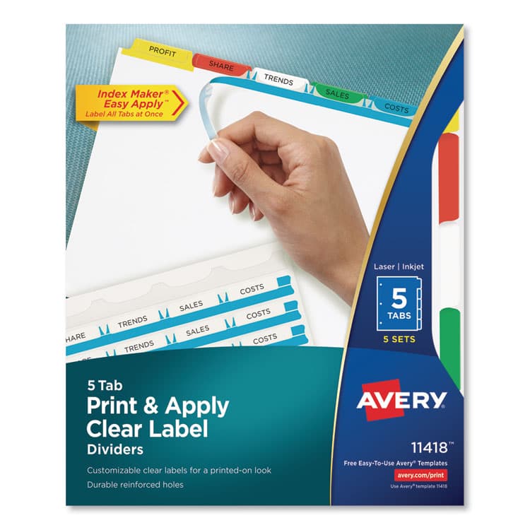 AVERY PRODUCTS CORPORATION Print and Apply Index Maker Clear Label Dividers, 5-Tab, Color Tabs, 11 x 8.5, White, Traditional Color Tabs, 5 Sets (AVE11418)