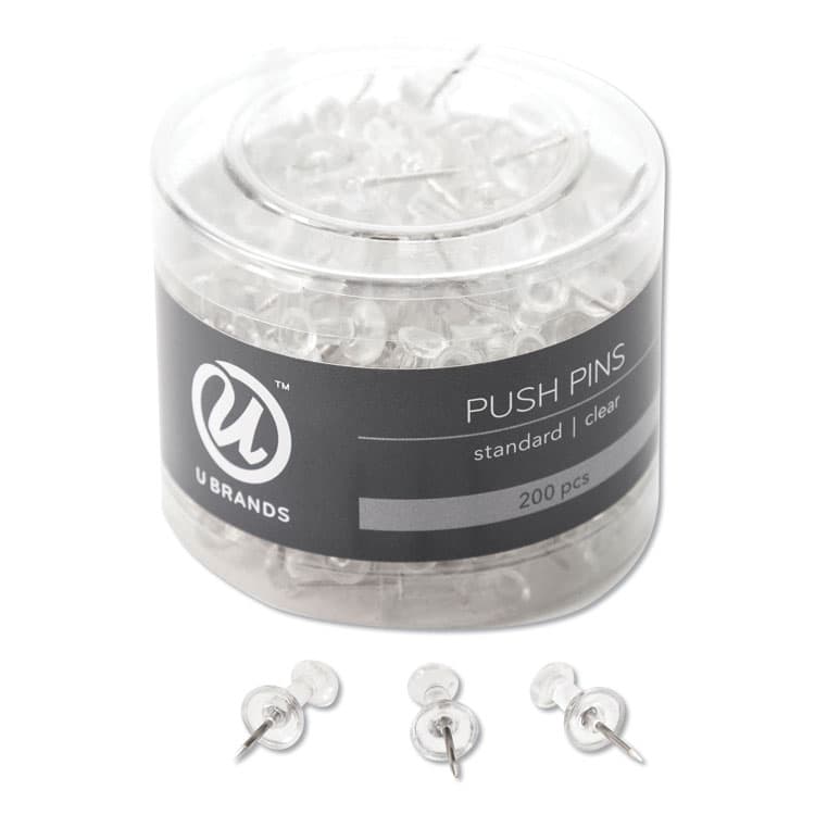 U BRANDS Standard Push Pins, Plastic, Clear, 0.44", 200/Pack (UBR658U0824)