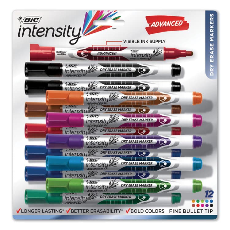 BIC CORP. Intensity Advanced Dry Erase Marker, Pocket-Style, Medium Bullet Tip, Assorted Colors, Dozen (BICGELIPP121AST)