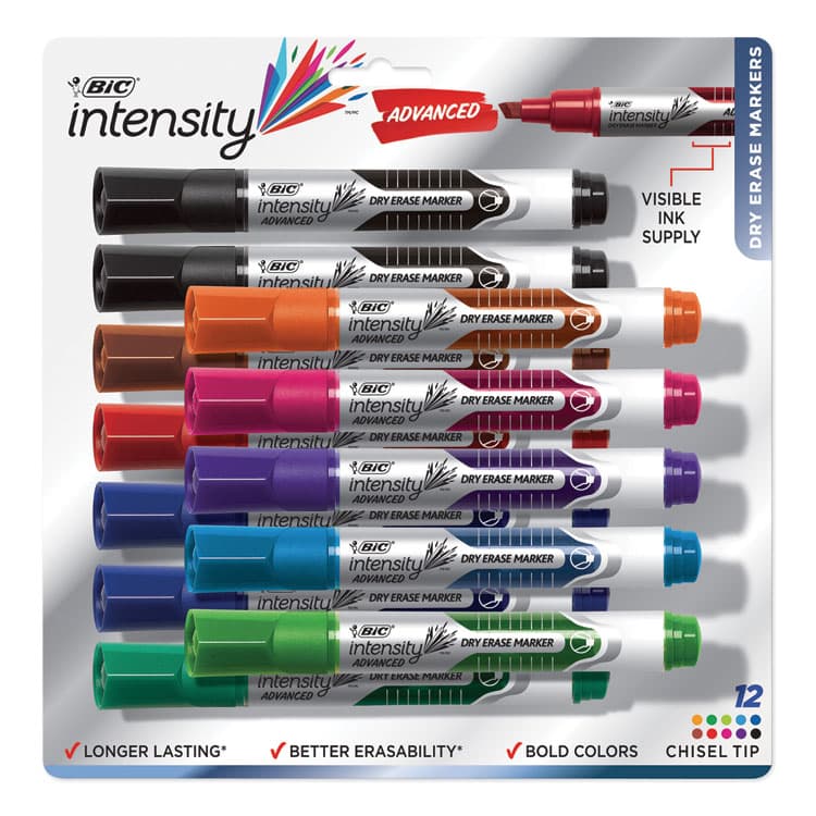 BIC CORP. Intensity Advanced Dry Erase Marker, Tank-Style, Broad Chisel Tip, Assorted Colors, Dozen (BICGELITP121AST)