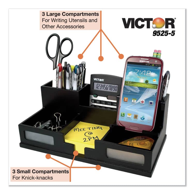 VICTOR TECHNOLOGY LLC Midnight Black Desk Organizer with Smartphone Holder, 6 Compartments, Wood, 10.5 x 5.5 x 4 (VCT95255) thumbnail 3