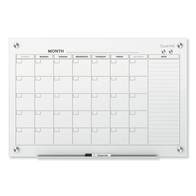 QUARTET MFG. Infinity Magnetic Glass Calendar Board, Monthly Planning/Scheduling, 36" x 24", White Surface (QRTGC3624F)