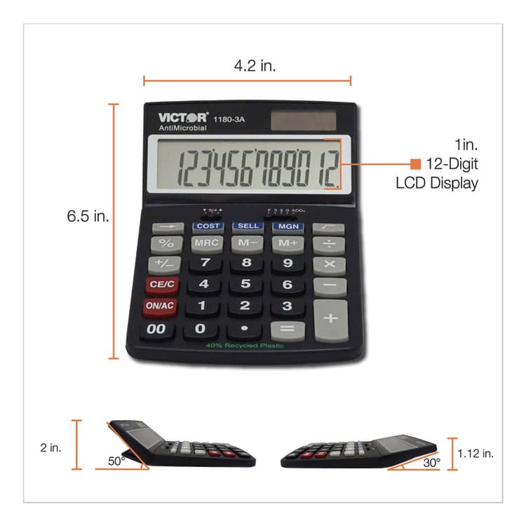 VICTOR TECHNOLOGY LLC 1180-3A Antimicrobial Desktop Calculator, 12-Digit LCD (VCT11803A) thumbnail 3