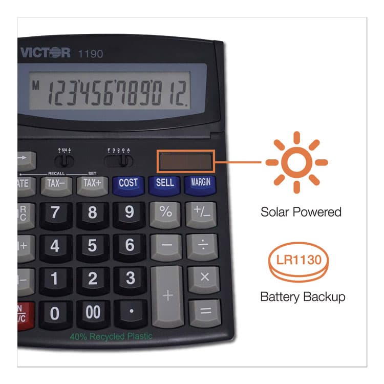 VICTOR TECHNOLOGY LLC 1190 Executive Desktop Calculator, 12-Digit LCD (VCT1190) thumbnail 4