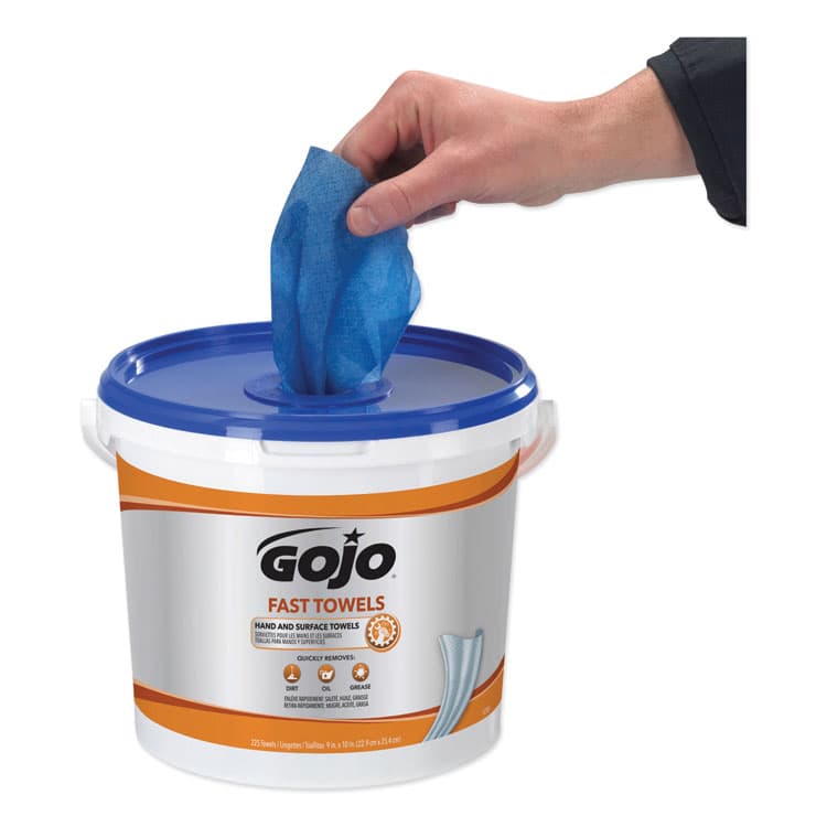 GO-JO INDUSTRIES FAST TOWELS Hand Cleaning Towels, Cloth, 9 x 10, Fresh Citrus, Blue, 225/Bucket (GOJ629902EA) thumbnail 2