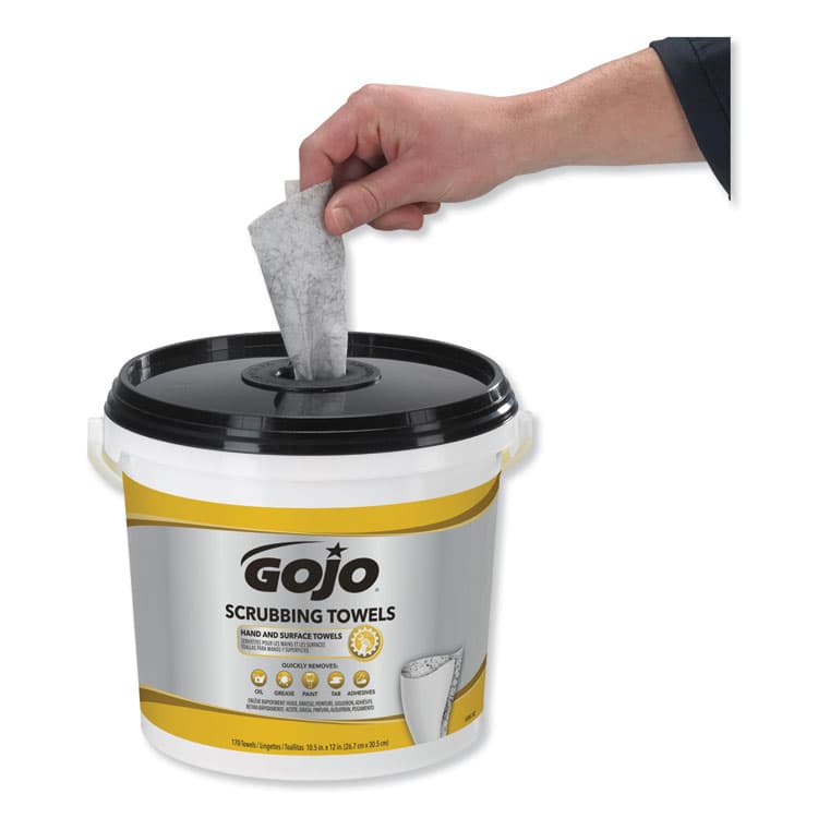 GO-JO INDUSTRIES Scrubbing Towels, Hand Cleaning, Orange Scent, White/Yellow, 170/Bucket, 2 Buckets/Carton (GOJ639802) thumbnail 3
