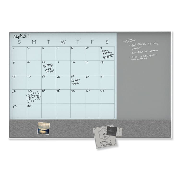 U BRANDS 3N1 Magnetic Glass Dry Erase Combo Board, Monthly Planning, 48 x 36 (Actual Size: 47" x 35"), Gray/White Surface, White Frame (UBR3198U0001) thumbnail 3