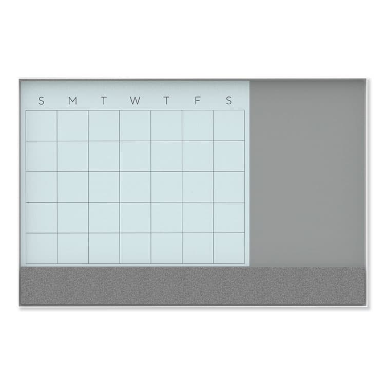 U BRANDS 3N1 Magnetic Glass Dry Erase Combo Board, Monthly Planning, 36 x 24 (Actual Size: 35" x 23"), Gray/White Surface, White Frame (UBR3197U0001)