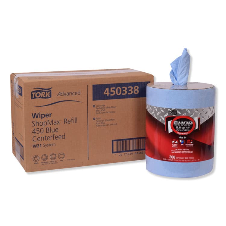 ESSITY Advanced ShopMax Wiper 450, Centerfeed Refill, 9.9 x 13.1, Blue, 200/Roll, 2 Rolls/Carton (TRK450338)