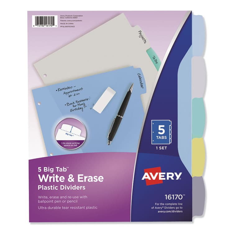AVERY PRODUCTS CORPORATION Write and Erase Big Tab Durable Plastic Dividers, 3-Hole Punched, 5-Tab, 11 x 8.5, Assorted, 1 Set (AVE16170)