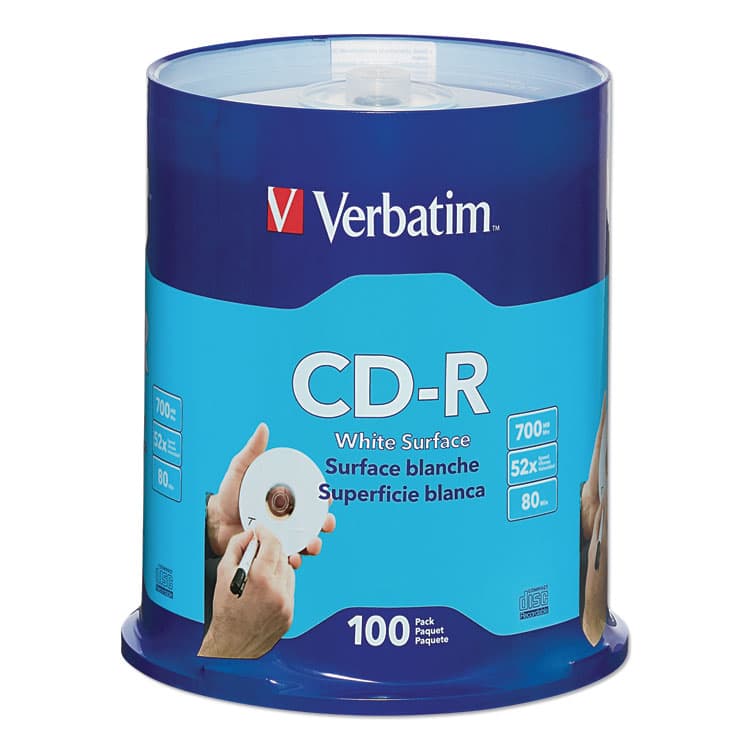 VERBATIM CORPORATION CD-R Recordable Disc, 700 MB/80 min, 52x, Spindle, White, 100/Pack (VER94712)