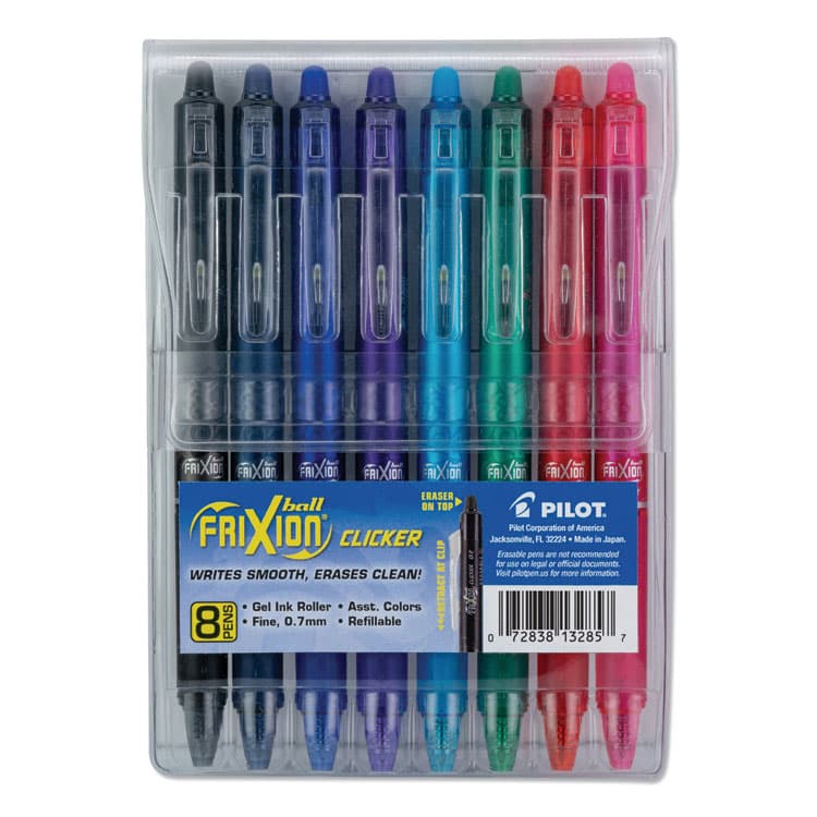 PILOT CORP. OF AMERICA FriXion Clicker Erasable Gel Pen, Retractable, Fine 0.7 mm, Assorted Ink and Barrel Colors, 8/Pack (PIL13285)