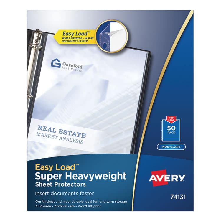 AVERY PRODUCTS CORPORATION Super Heavyweight Easy Load Non-Glare Sheet Protector, Side: 3-Hole Punched, Top Load 8.5 x 11 Insert, Clear Front, 50/Box (AVE74131)