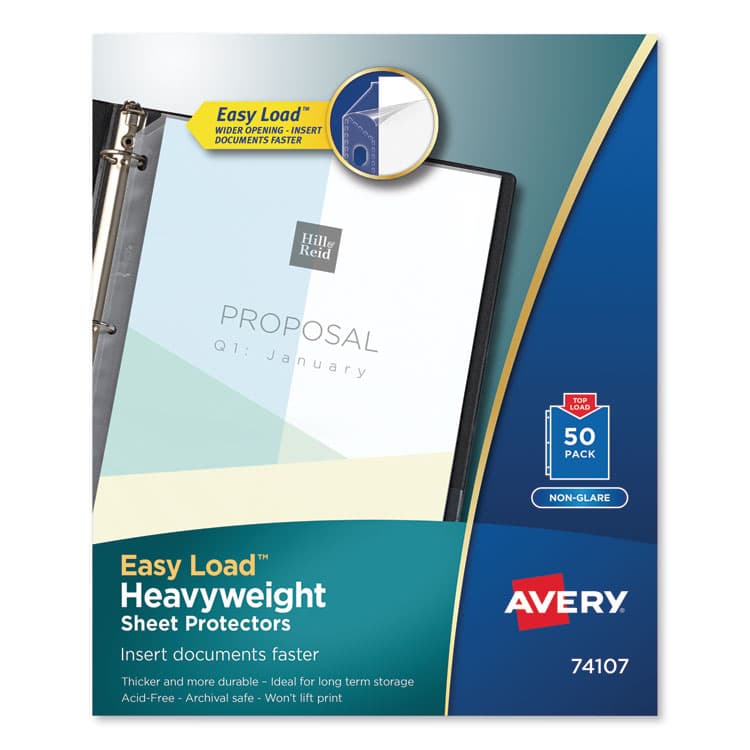 AVERY PRODUCTS CORPORATION Heavyweight Easy Load Non-Glare Sheet Protector, Side: 3-Hole Punched, Top Load 8.5 x 11 Insert, Clear Front, 50/Box (AVE74107)