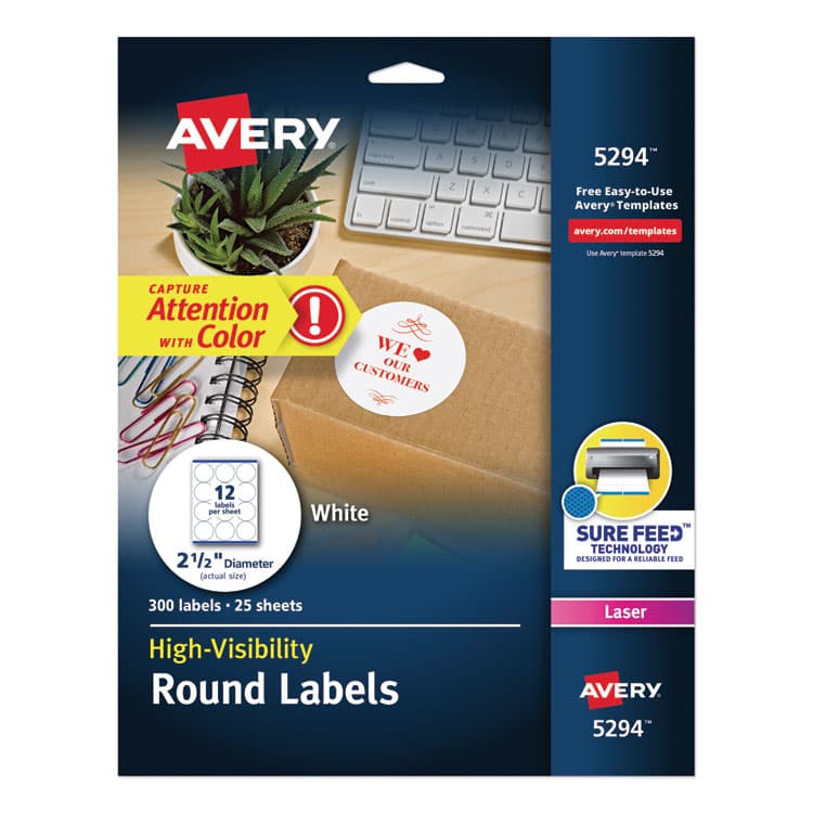 AVERY PRODUCTS CORPORATION Permanent Laser Print-to-the-Edge ID Labels w/SureFeed, 2 1/2"dia, White, 300/PK (AVE5294)