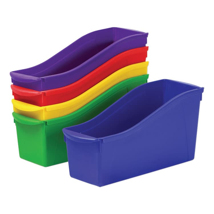STOREX Interlocking Book Bins with Clear Label Pouches, 4.75" x 12.63" x 7", Assorted Colors, 5/Pack (STX70105U06C)