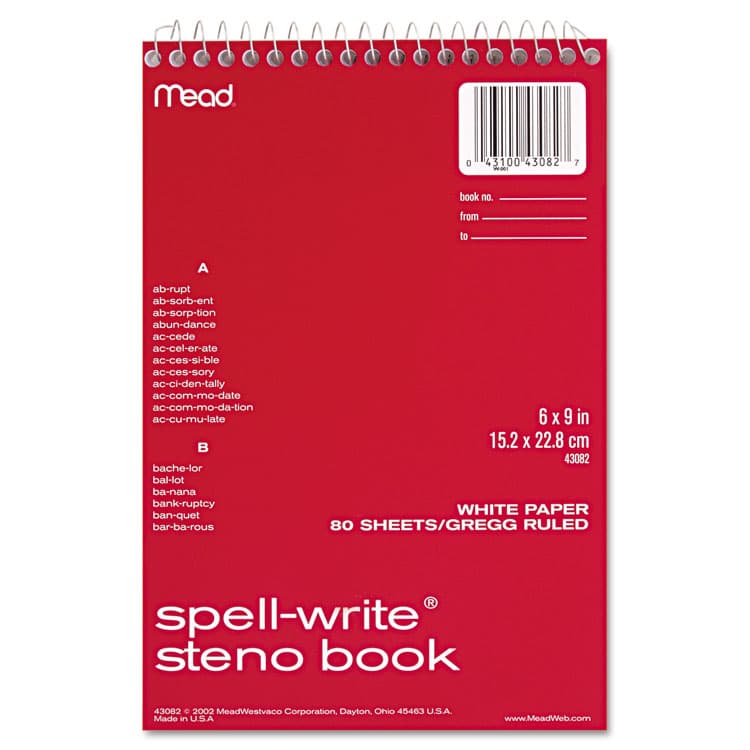 MEAD PRODUCTS Spell-Write Wirebound Steno Pad, Randomly Assorted Cover Colors, Gregg Rule, (80) White 6 x 9 Sheets (MEA43082)